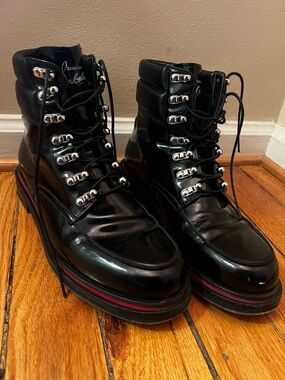 Christian Louboutin Black Patent Leather Lace-Up Combat Boots with Red Trim